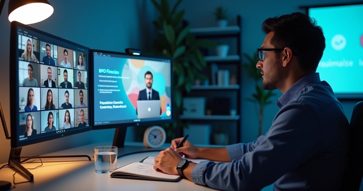 Profissional de BPO conduzindo webinar ao vivo com participantes em telas virtuais 