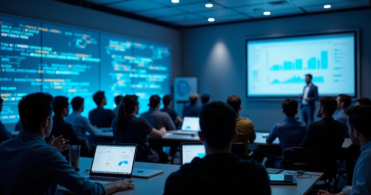 Profissional de tecnologia apresentando webinar técnico para público de empresas em telão 