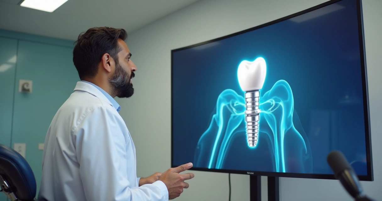 Dentista apresentando webinar sobre implantes dentários 