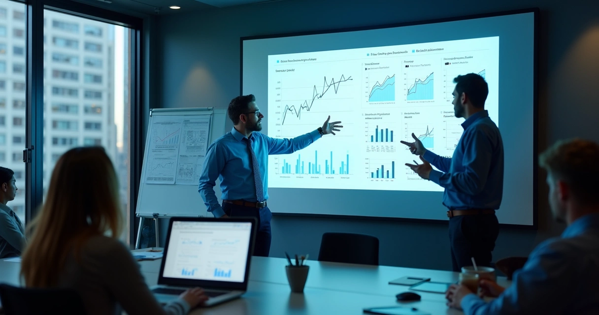 Apresentador em webinar ao vivo, quadro de anotações, gráficos financeiros na tela, público assistindo online. 