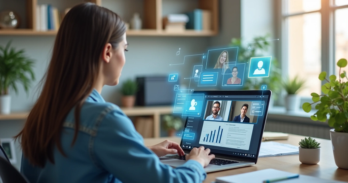 Pessoa apresentando webinar em computador com interação via chat ao lado 