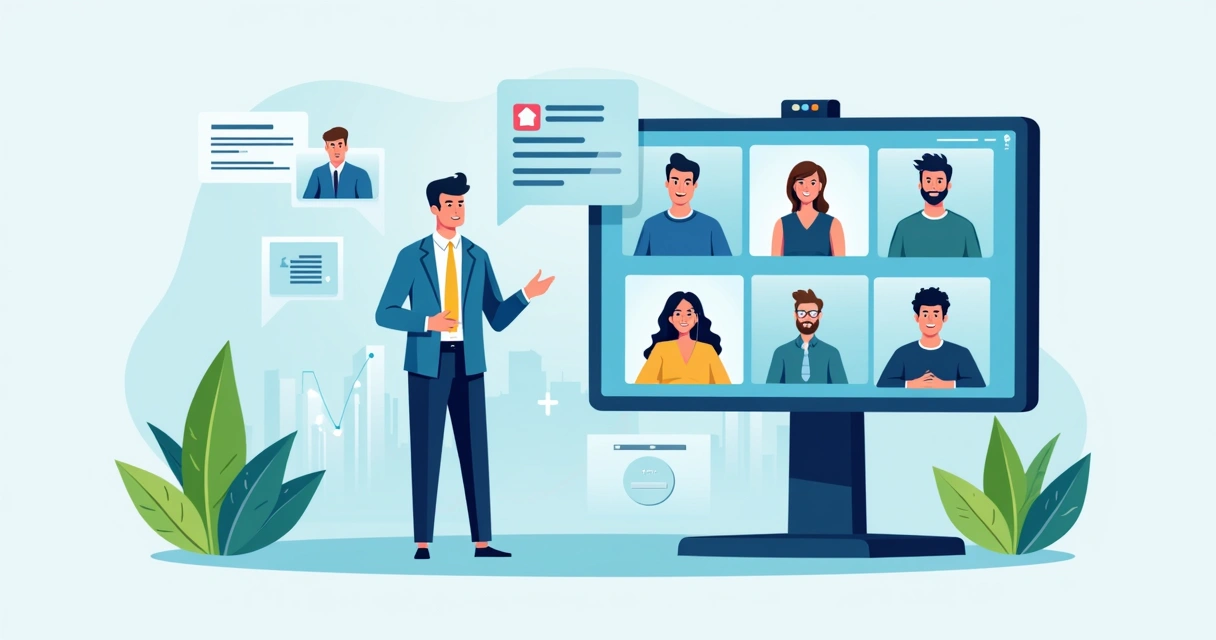 Webinar para lançamento de produto, apresentador mostrando slides a audiência virtual 