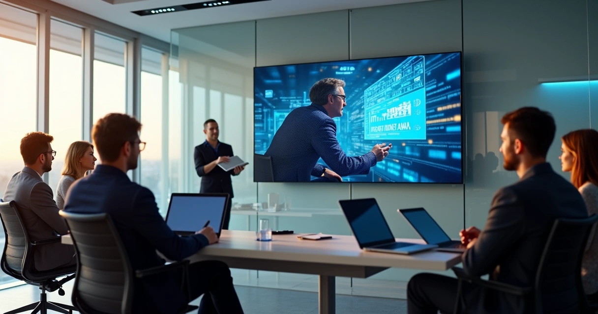 Profissionais assistindo a um webinar em escritório moderno com telas grandes 