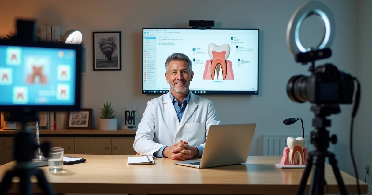 Dentista ensinando em webinar de odontologia com slides em tela grande 