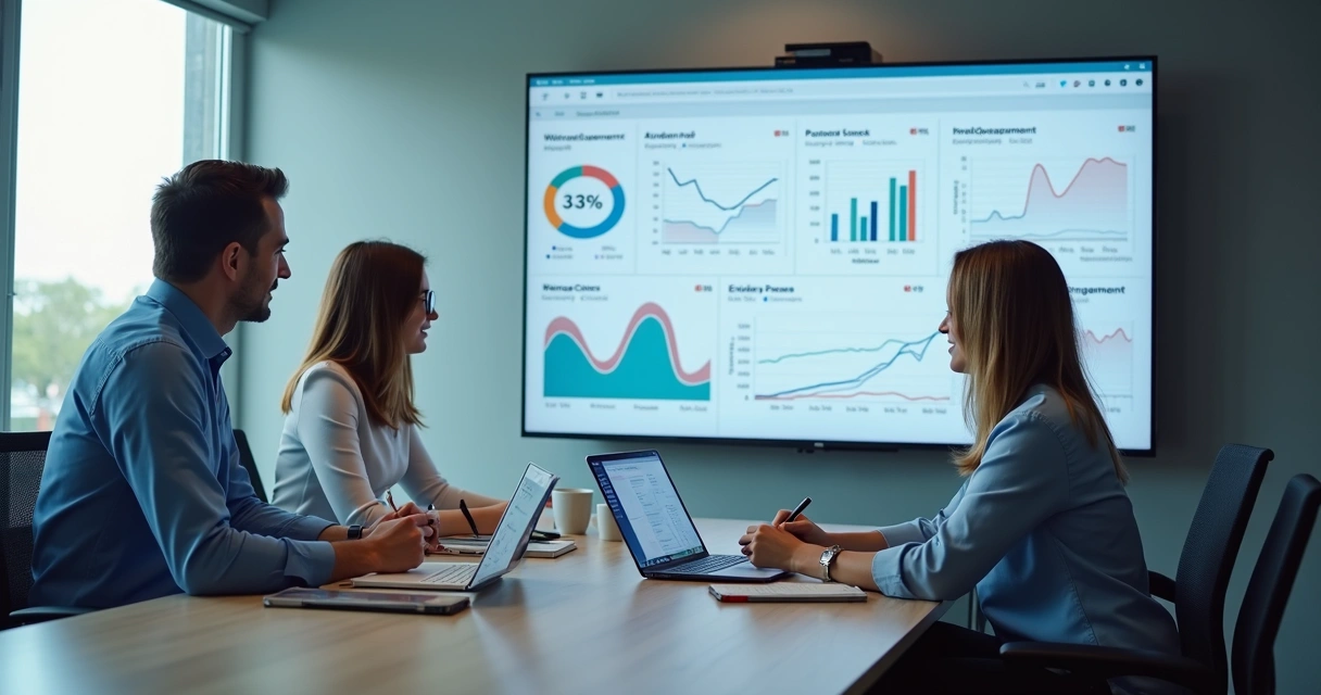 Equipe acompanha métricas de webinar em tela de reunião