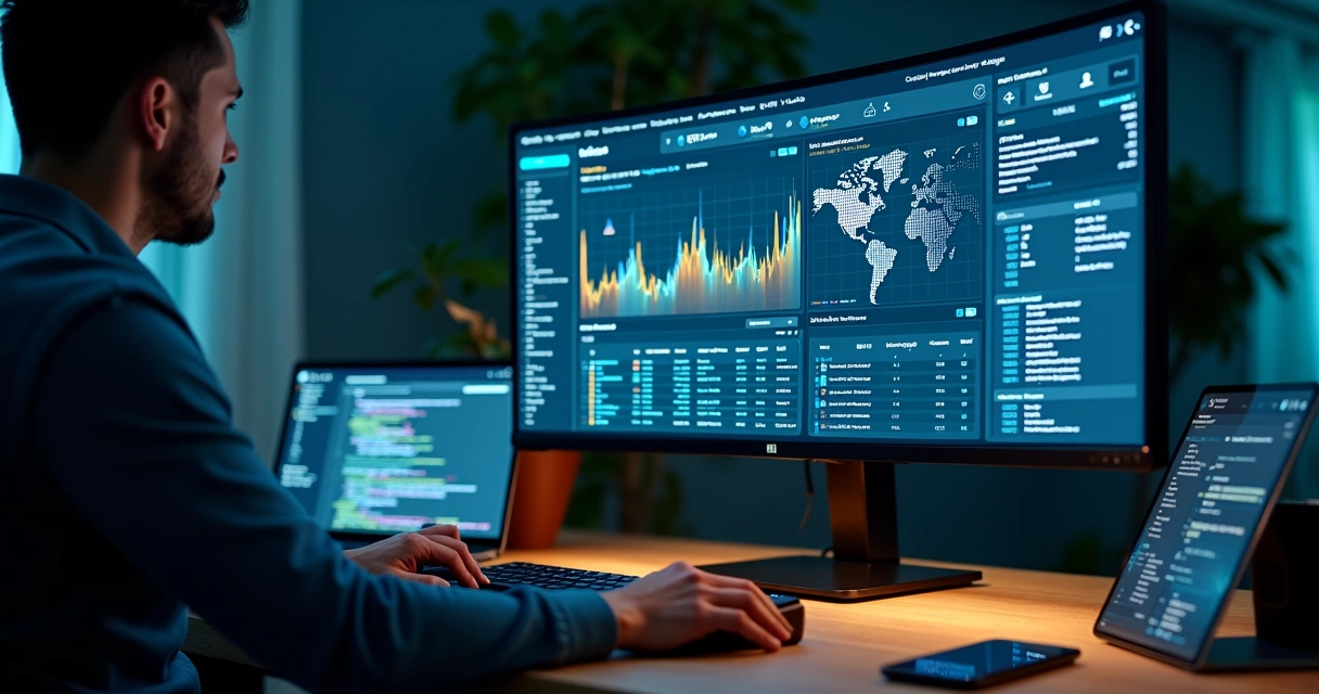 Webmaster gerenciando painel de site com gráficos de desempenho 