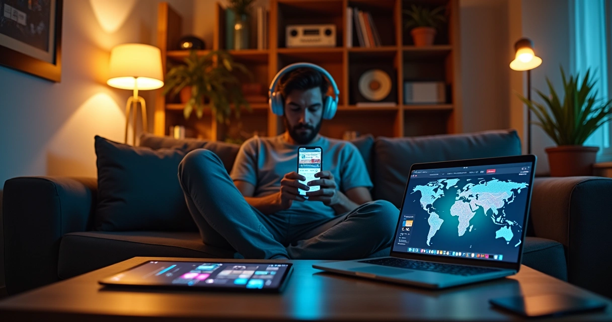 Pessoa ouvindo webrádio com fones enquanto controla transmissões em diferentes dispositivos 
