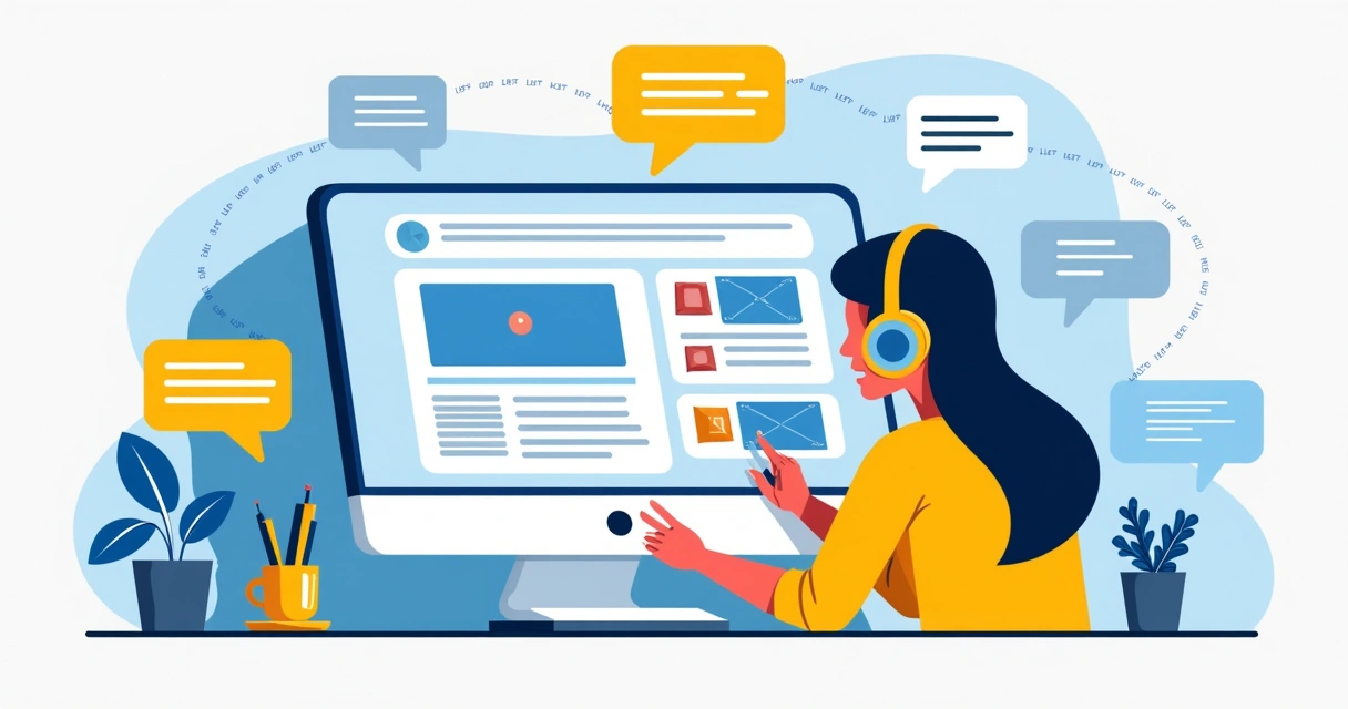 Digital illustration showing a person using a screen reader to access a website, with highlighted text boxes and images.