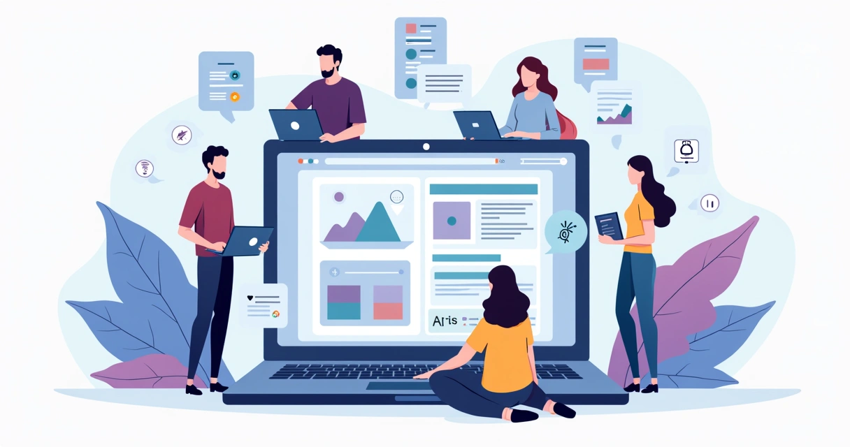 Ilustração de profissionais usando um website builder em vários dispositivos 