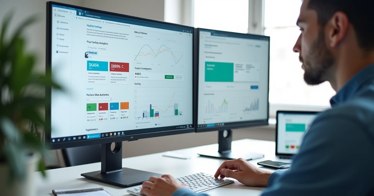 Profissional de marketing montando site em website builder com gráficos de performance ao fundo 