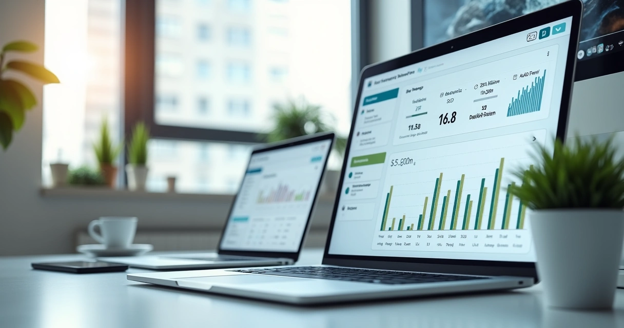 Tela de website builder rápido com criação de landing page em laptop e gráficos de desempenho ao fundo 