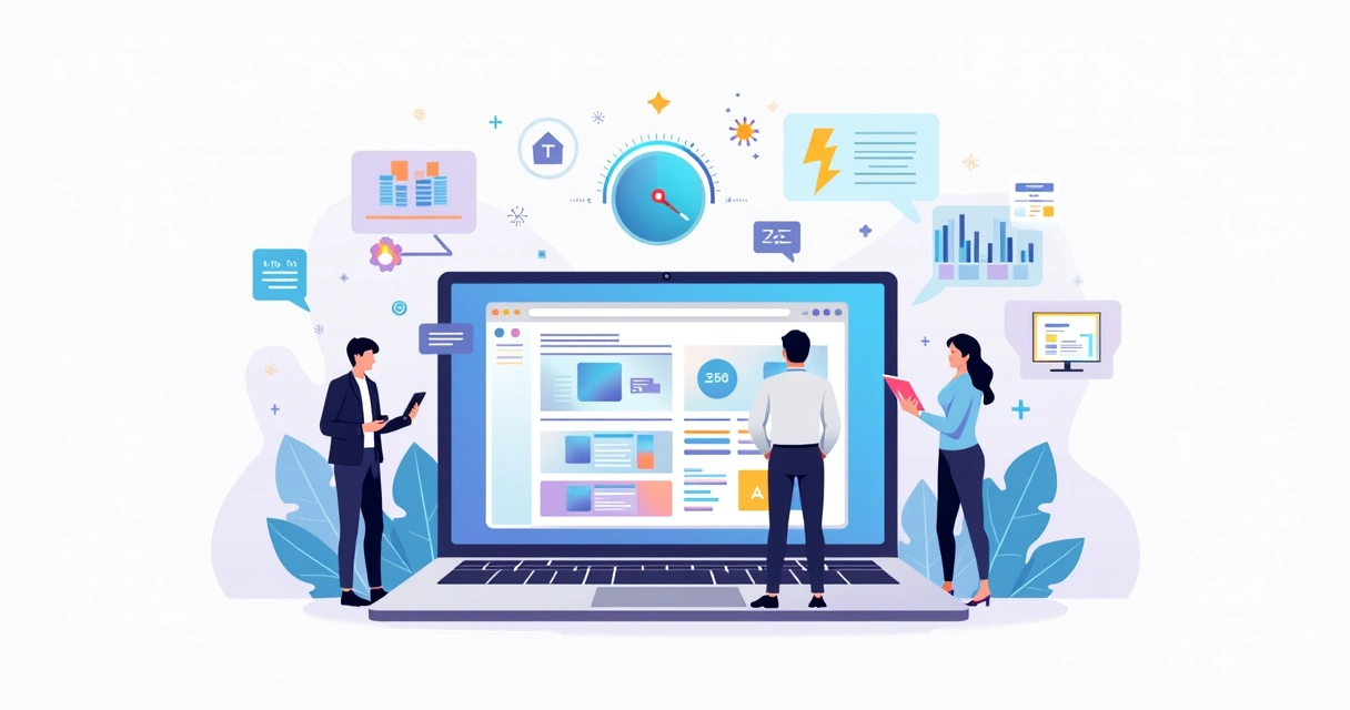 Ilustração de web designer usando construtor de sites rápido com IA e gráficos de resultados subindo 