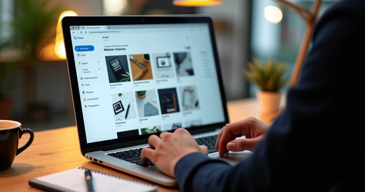 Startup founder selecting website template on laptop