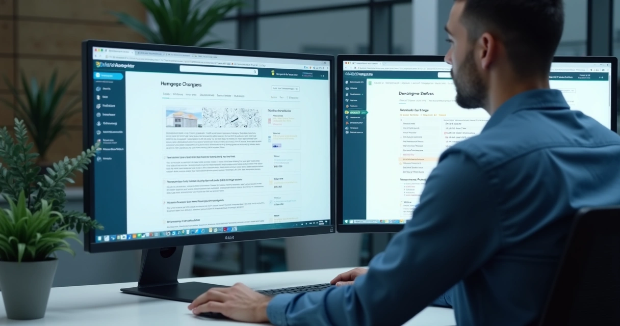 Analyst reviewing website change alerts on multiple screens
