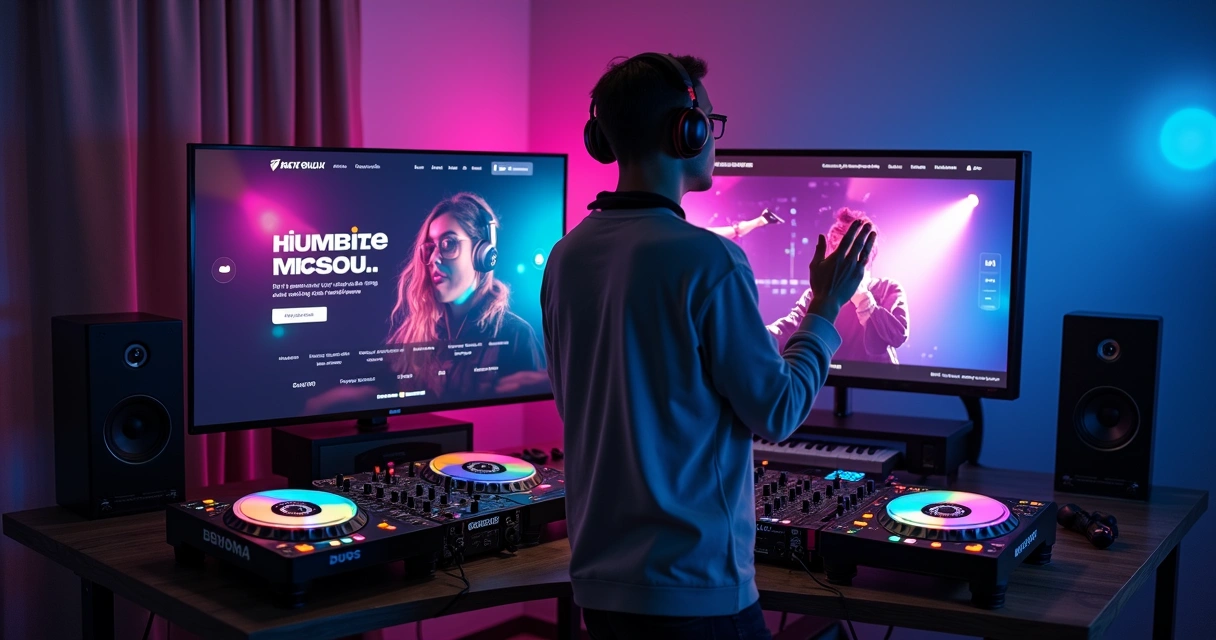 DJ mixando em mesa profissional ao lado de monitor exibindo site de DJ moderno 