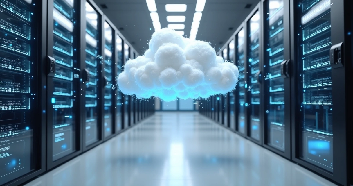 Web hosting server racks with web icons and clouds 