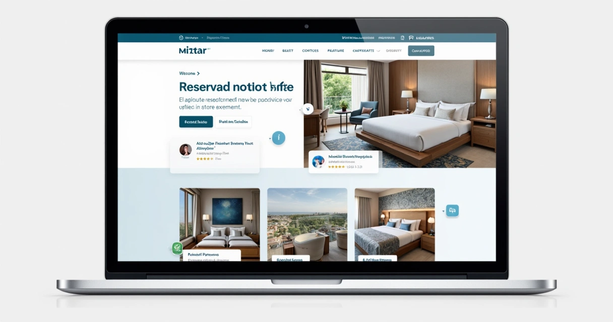 Página inicial de um site de hotel, com motor de reservas visível, fotos de suítes e depoimentos 