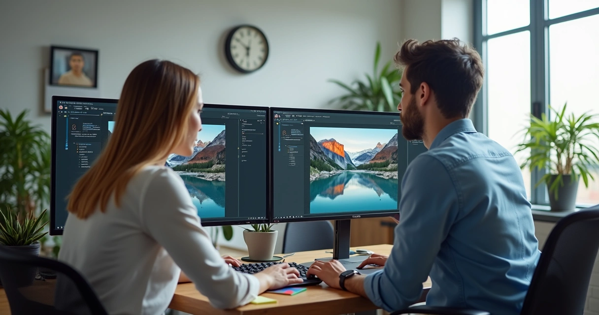 Two web developers adjusting large images on monitors
