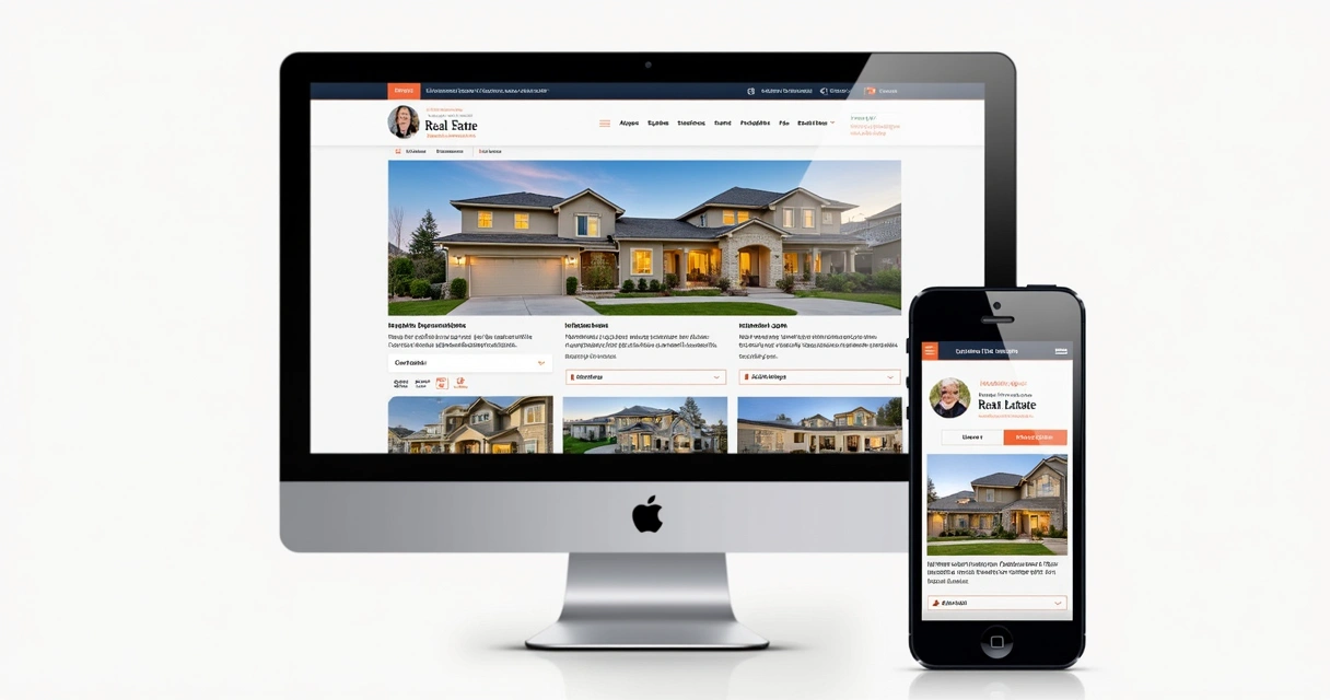 Site integrado de imobiliária exibindo páginas de imóveis, com opções de contato 