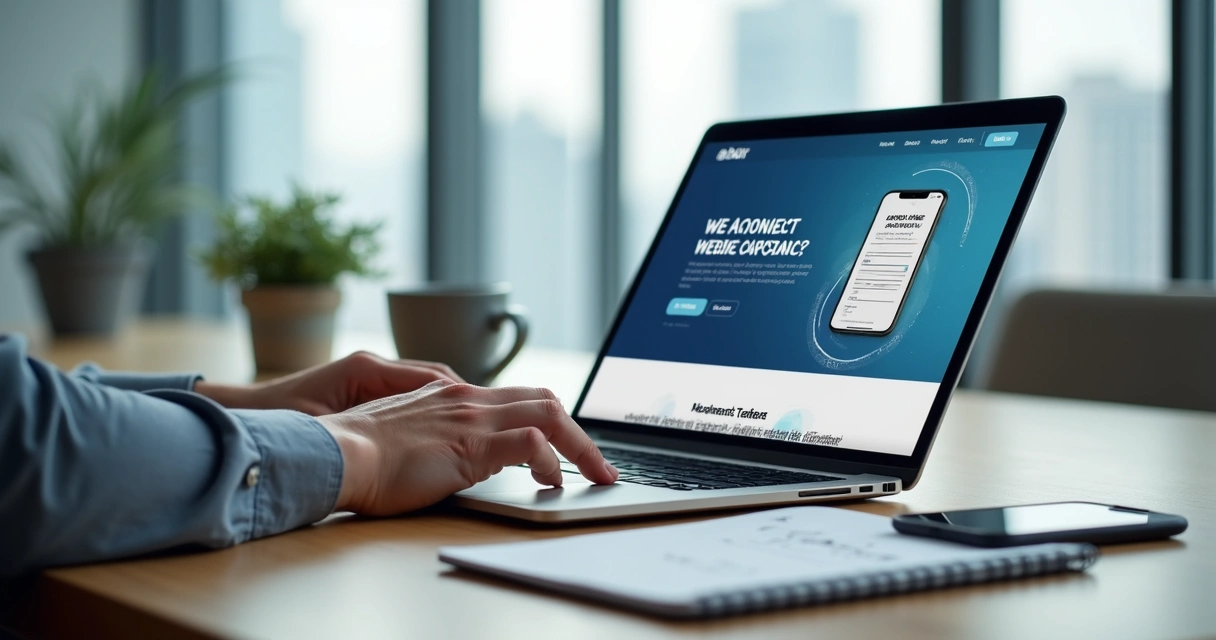 Profissional criando website institucional em notebook sobre a mesa 