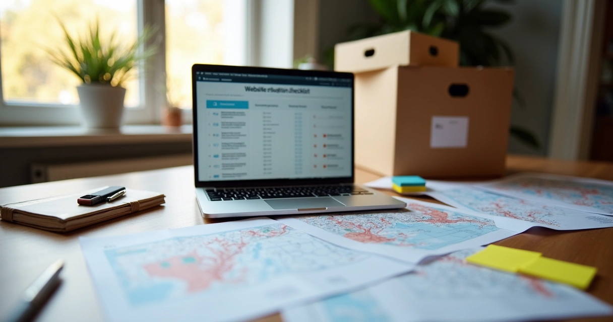 Migration checklist on laptop screen amidst boxes and files 