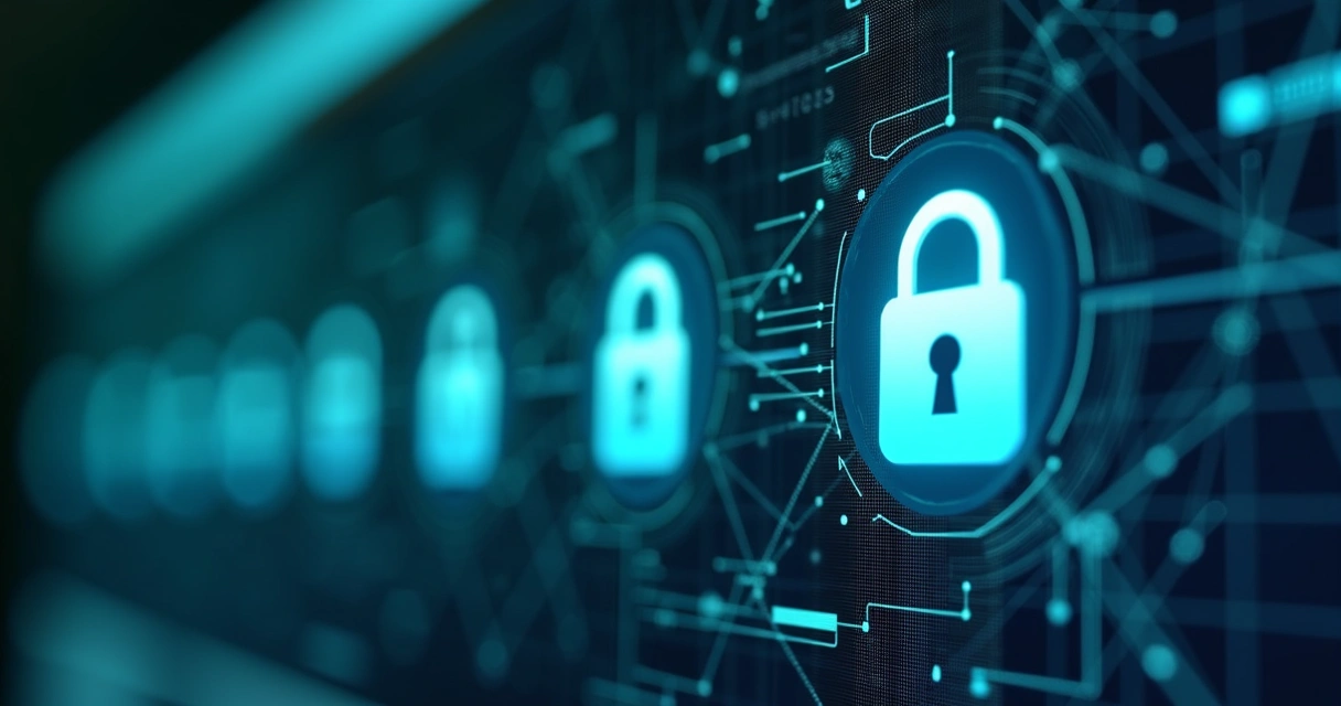 Padlock and shield icons on business website screen 