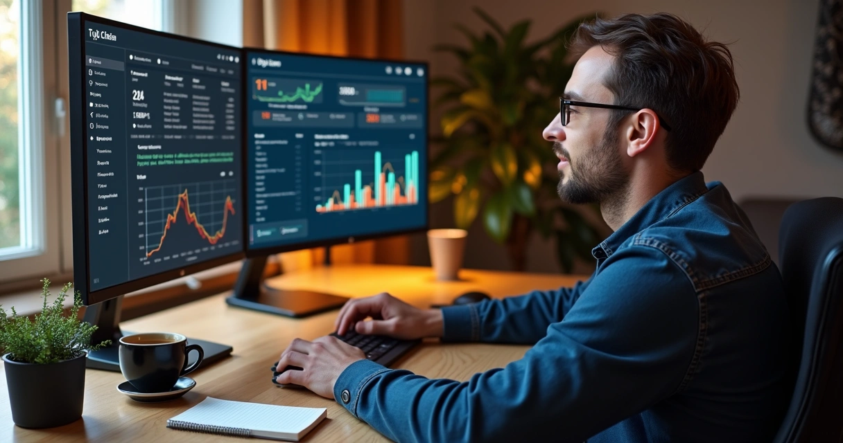 Developer at desk monitoring website support dashboard 