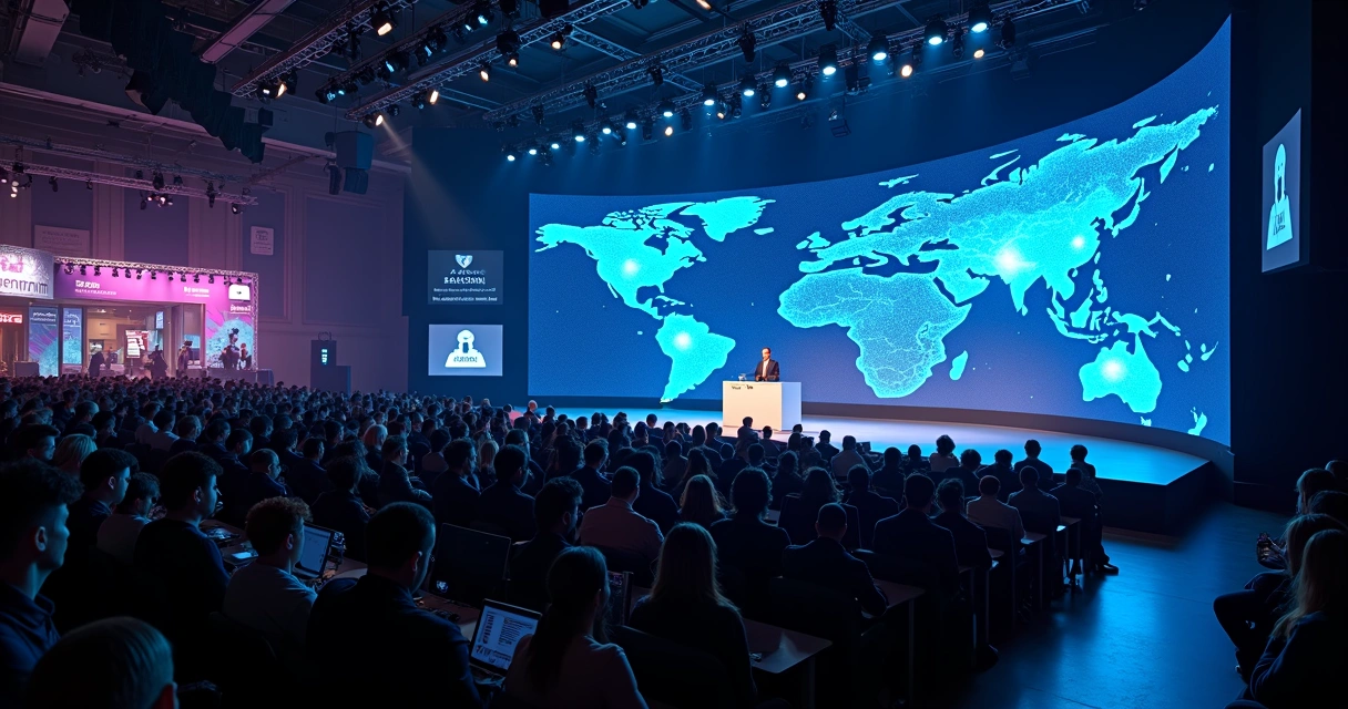 Cybersecurity expert speaking on a Web Summit style stage to a large tech audience 