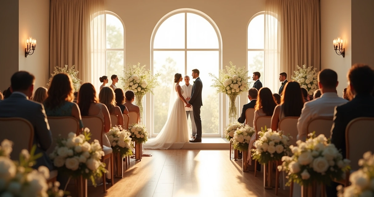 Wedding ceremony with couple at the altar and guests in attendance
