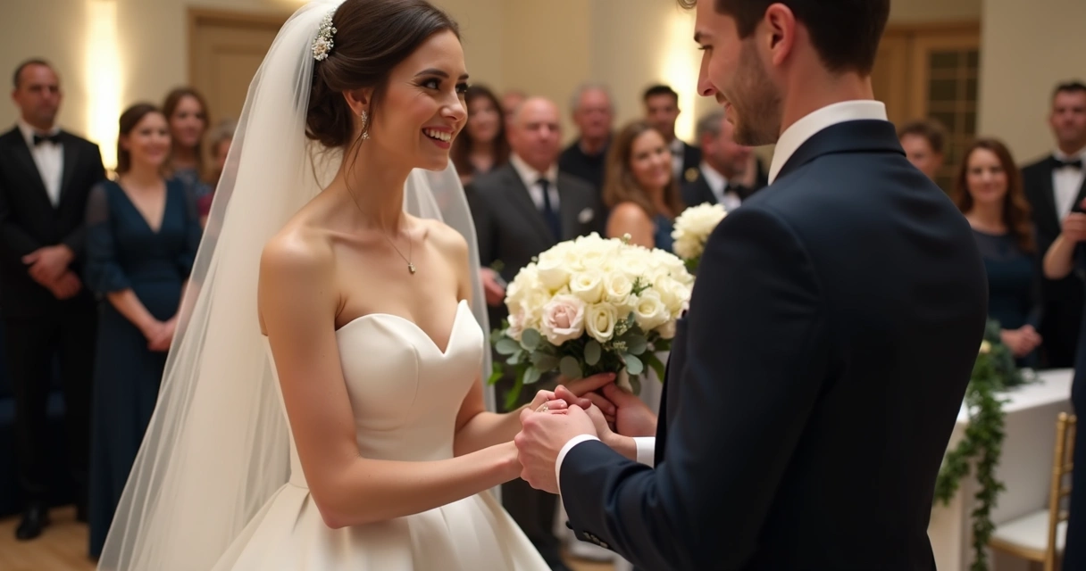 Wedding ceremony showing exchange of rings and white dress