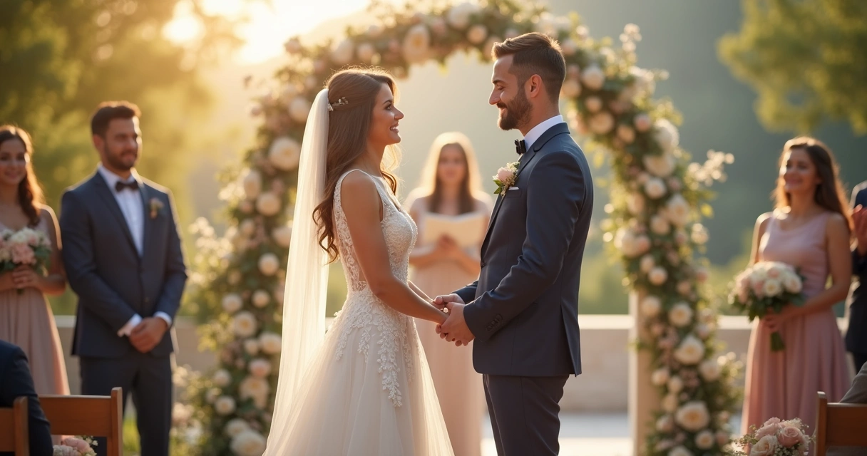 Couple holding hands at a wedding ceremony 