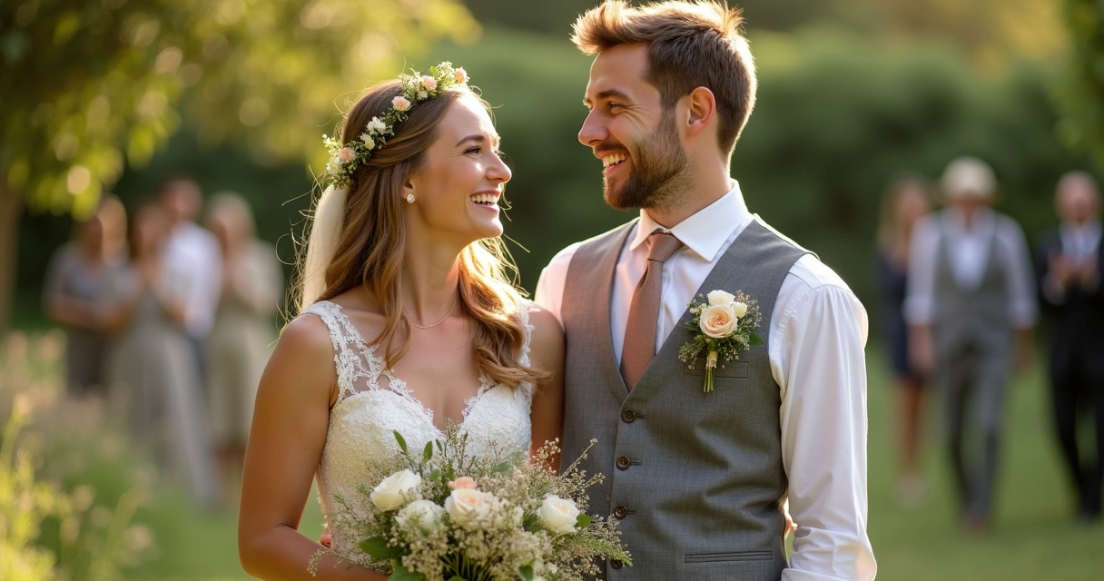 Bride and groom laughing together 