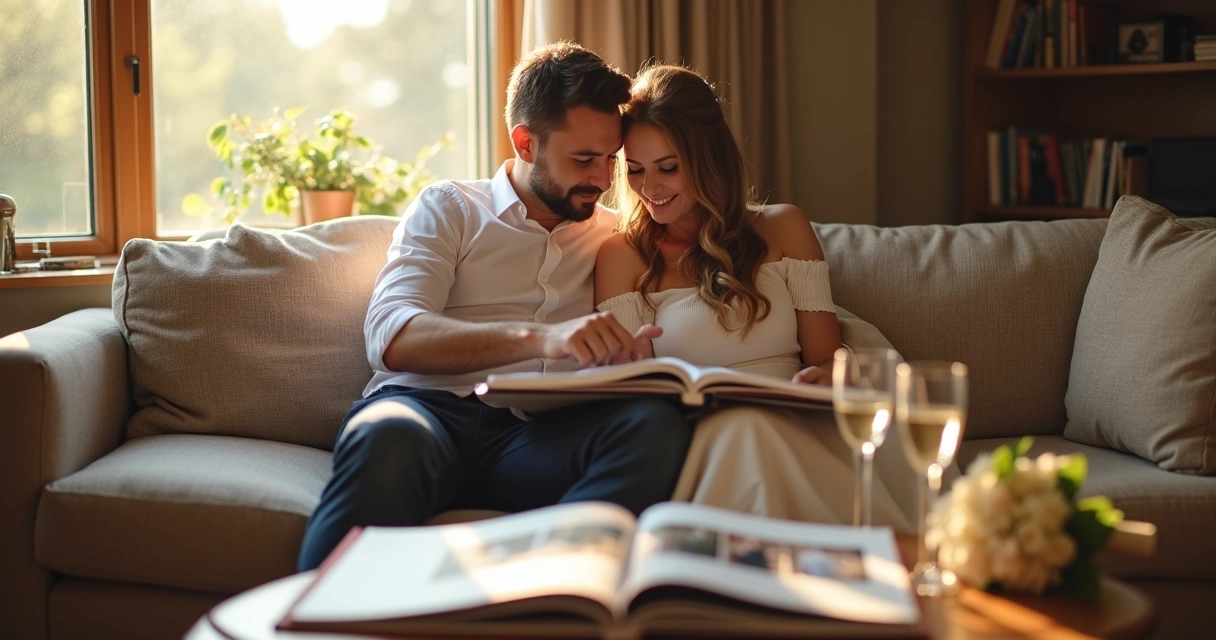 Couple looking at wedding album together on a couch 