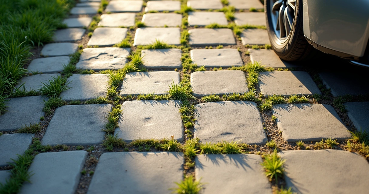 Weeds growing between paver joints on driveway