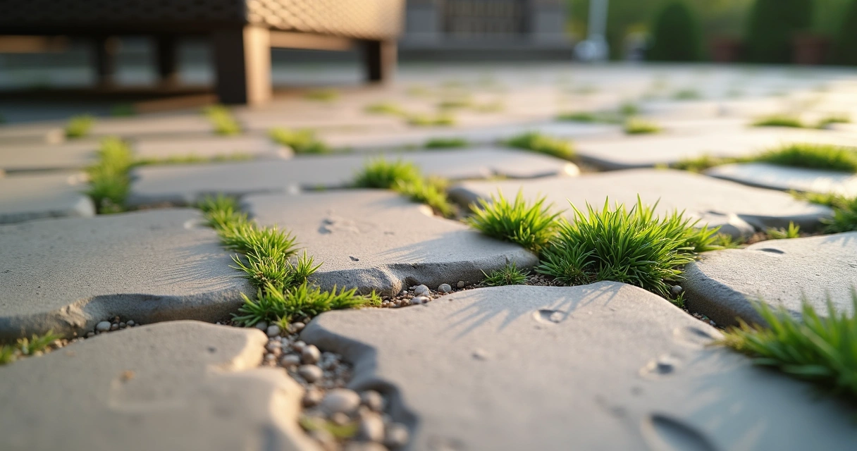 Weeds growing between pavers with washed out joint sand 