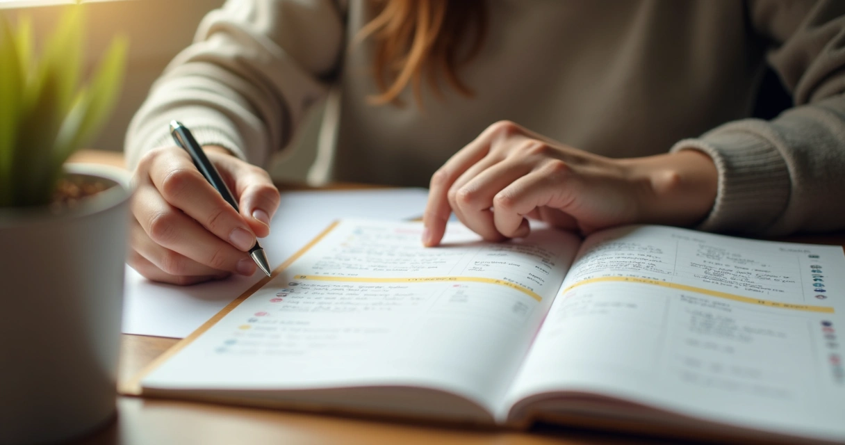 Person reviewing journal pages with colored notes 