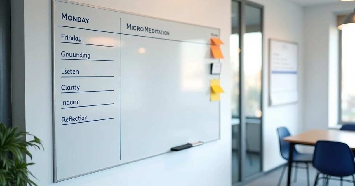 Whiteboard showing a weekly micro-meditation plan in an office
