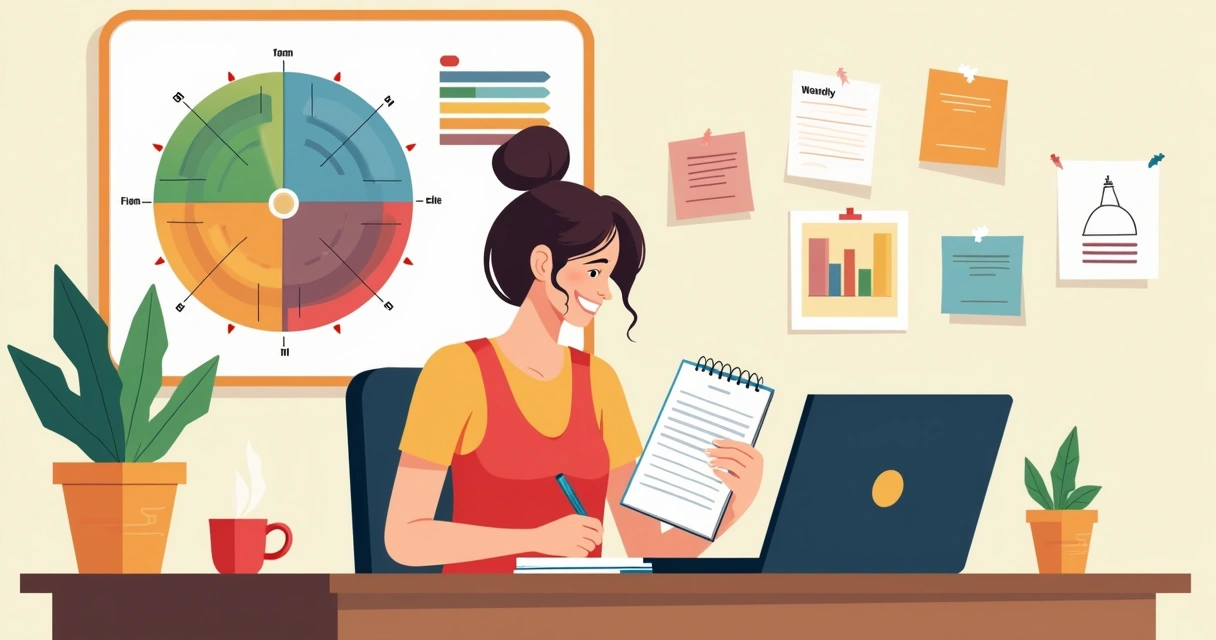 Woman setting weekly goals with a chart and planner