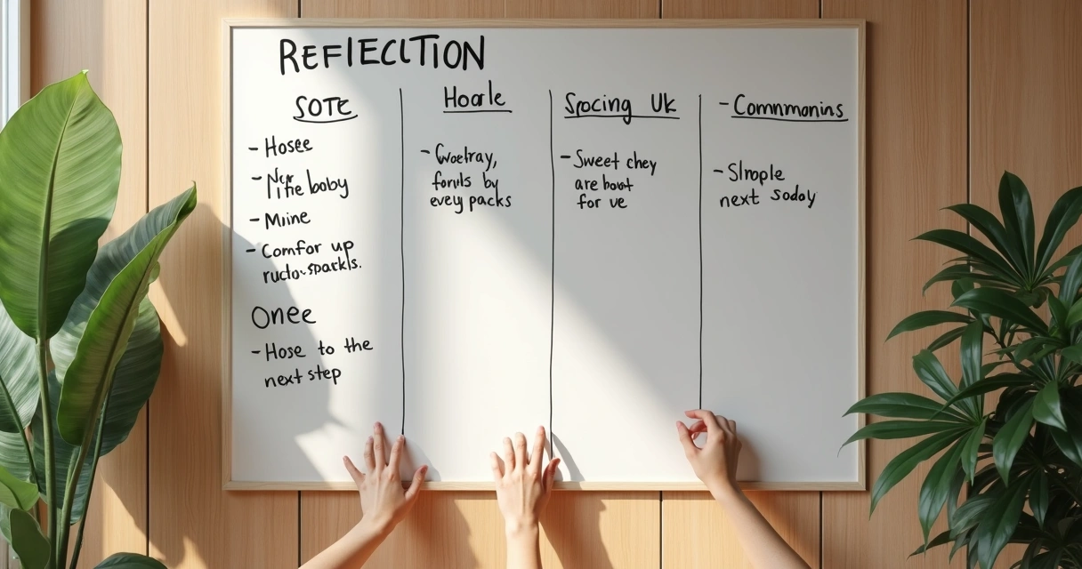 Office wall board with weekly reflections and team notes 