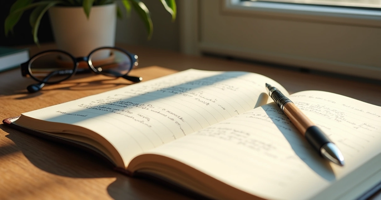 Notebook with three-column reflection on a wooden table