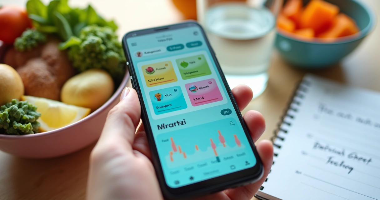 Weight loss tracking app on phone with protein, water, and exercise charts. 