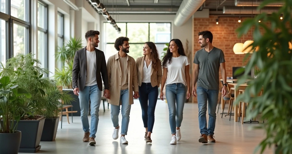 Smiling employees walking through office with open spaces and plants