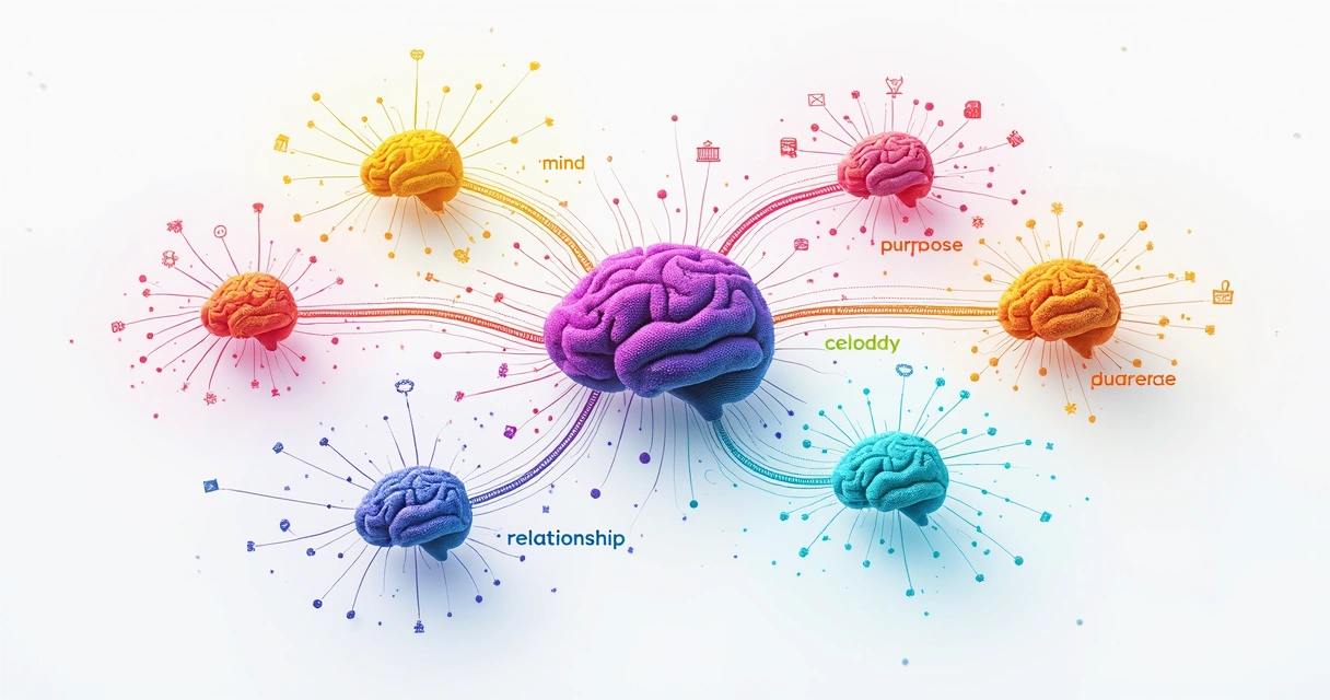Colored diagram showing interconnected areas like mind, body, relationships, and environment linked together 