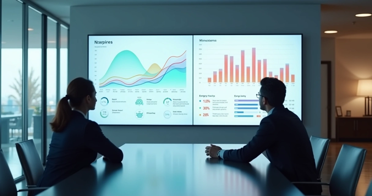 Split office dashboard showing wellbeing metrics contrasted with engagement survey charts 