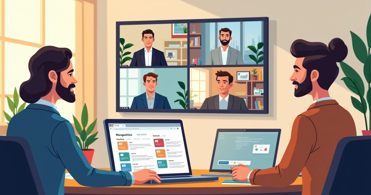 Team leaders discussing flexible global wellness options in a virtual meeting 