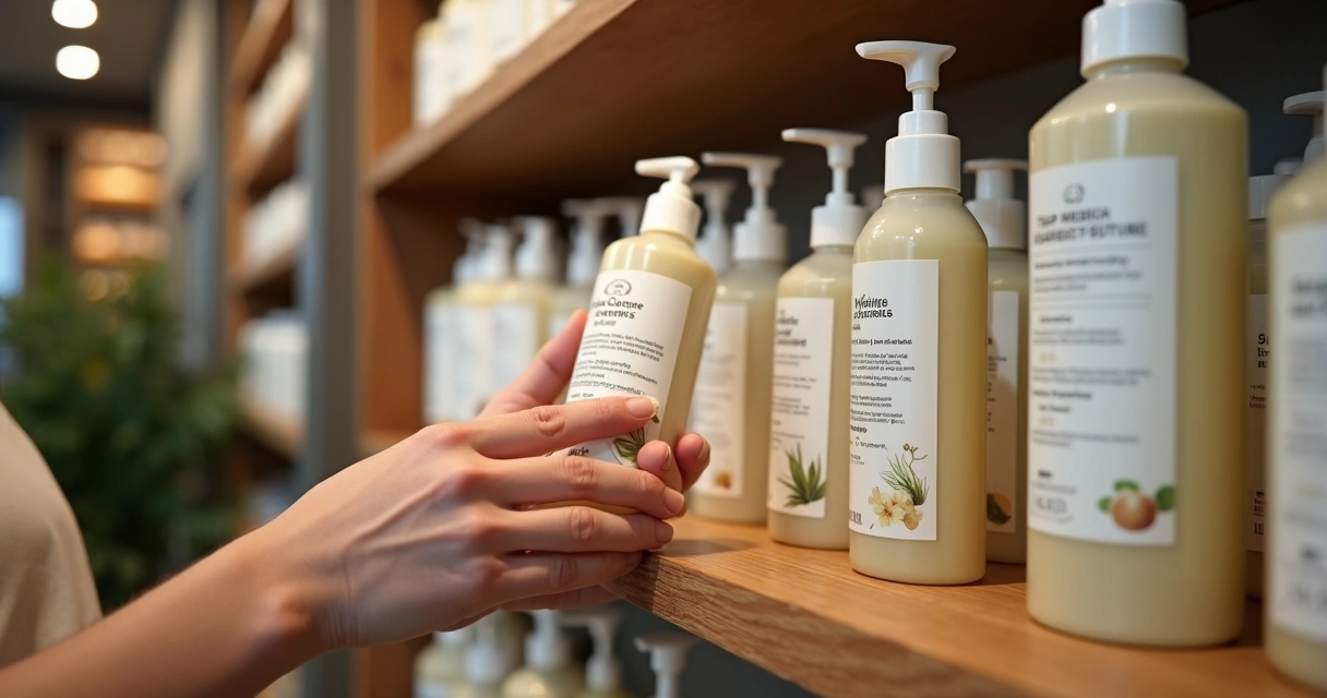 Several wellness product bottles with labels, placed on a wooden shelf. 
