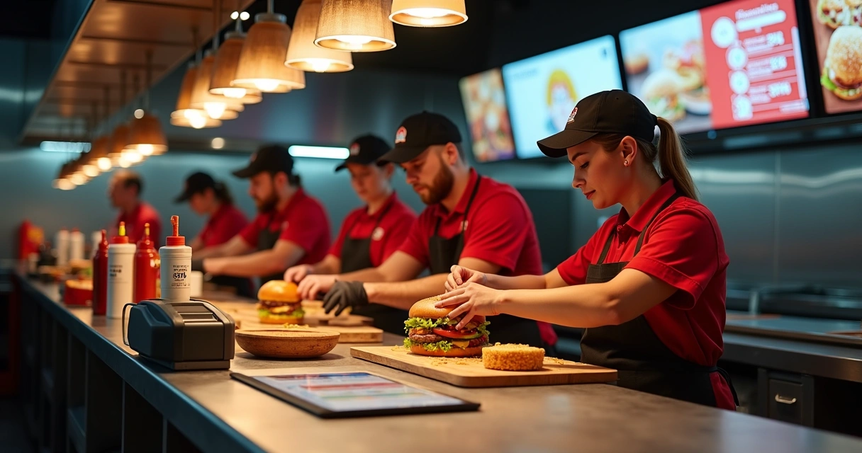 Equipe em cozinha moderna da Wendy’s preparando sanduíches sob luz noturna 