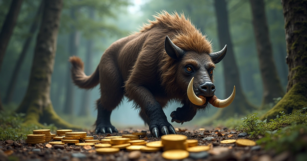 Figura fotorrealista de um Wereboar em Tibia atacando, com destaque para itens de loot como Platinum Coins, Gold Coins e Wereboar Tusks ao redor do monstro 