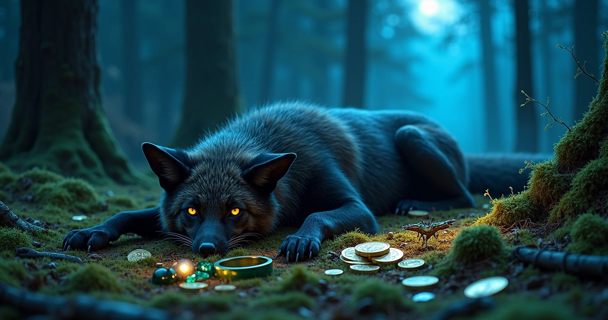 Itens de loot espalhados ao lado do corpo de um Werefox em cenário de floresta escura