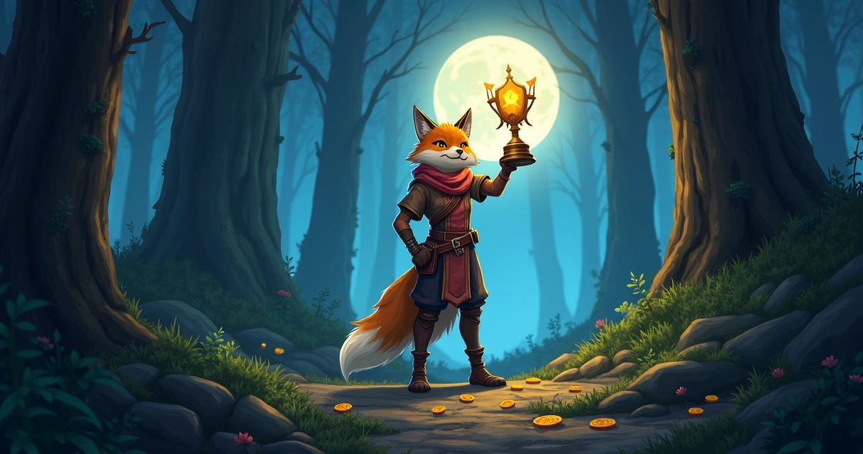 Jogador de Tibia recebendo Werefox Trophy após caçar Werefox em floresta